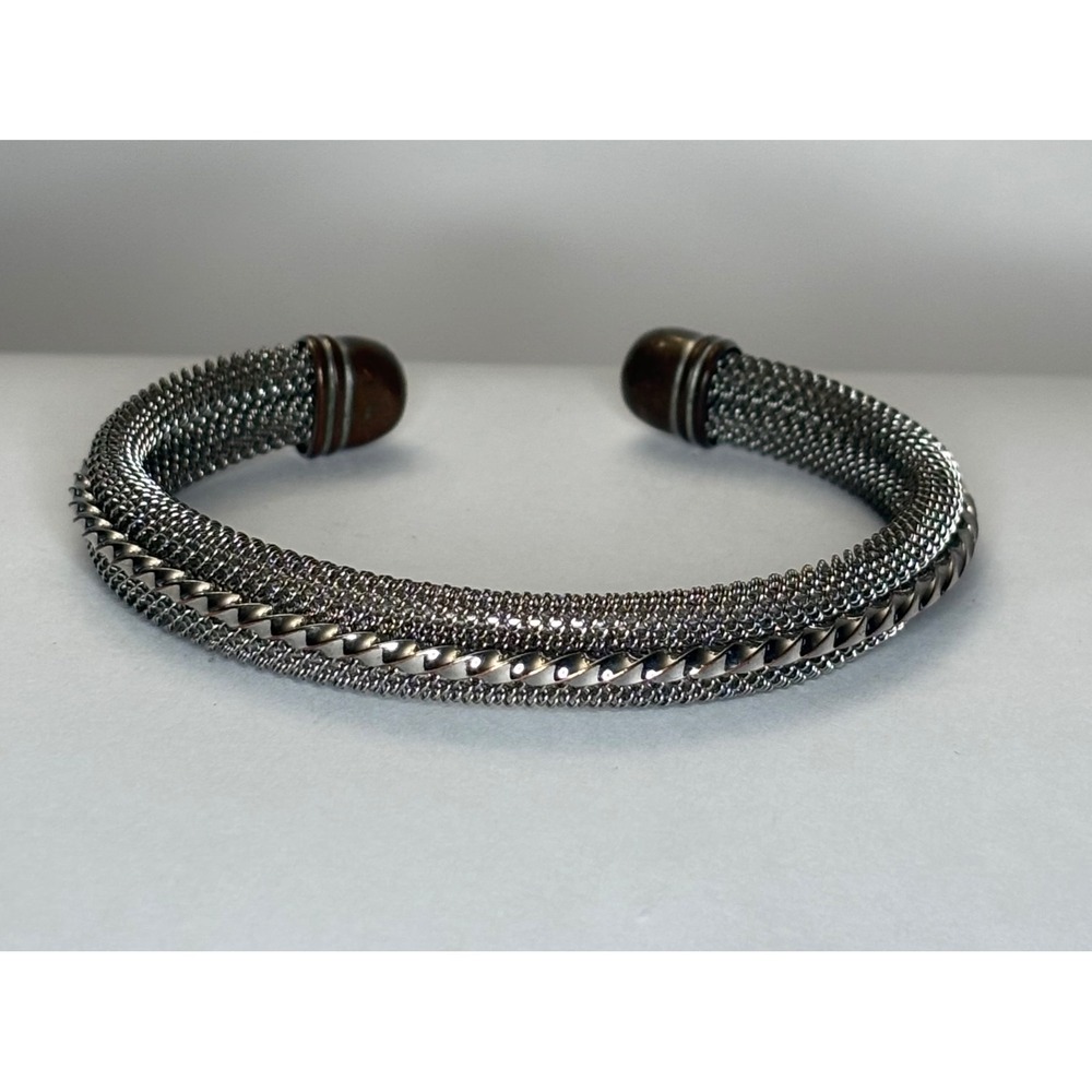 Silver Tone Mesh and Twisted Rope Cuff Bracelet Polished Ball End Caps